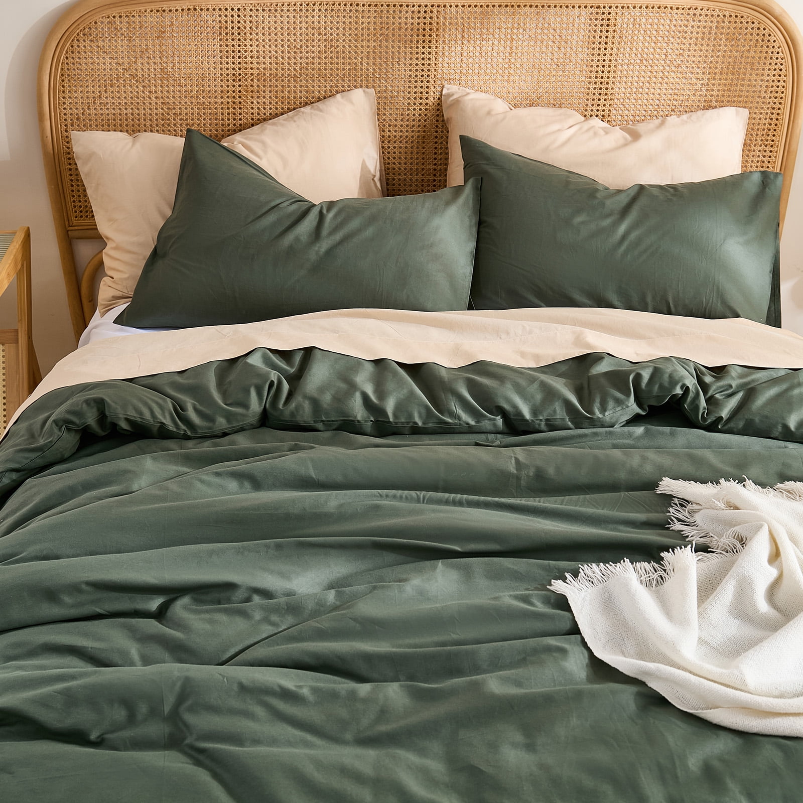 100% Washed Cotton Duvet Cover –Olive Green, Linen-Like Texture, Super Soft & Breathable Bedding Set, 3-Piece Durable Percale Comforter Cover