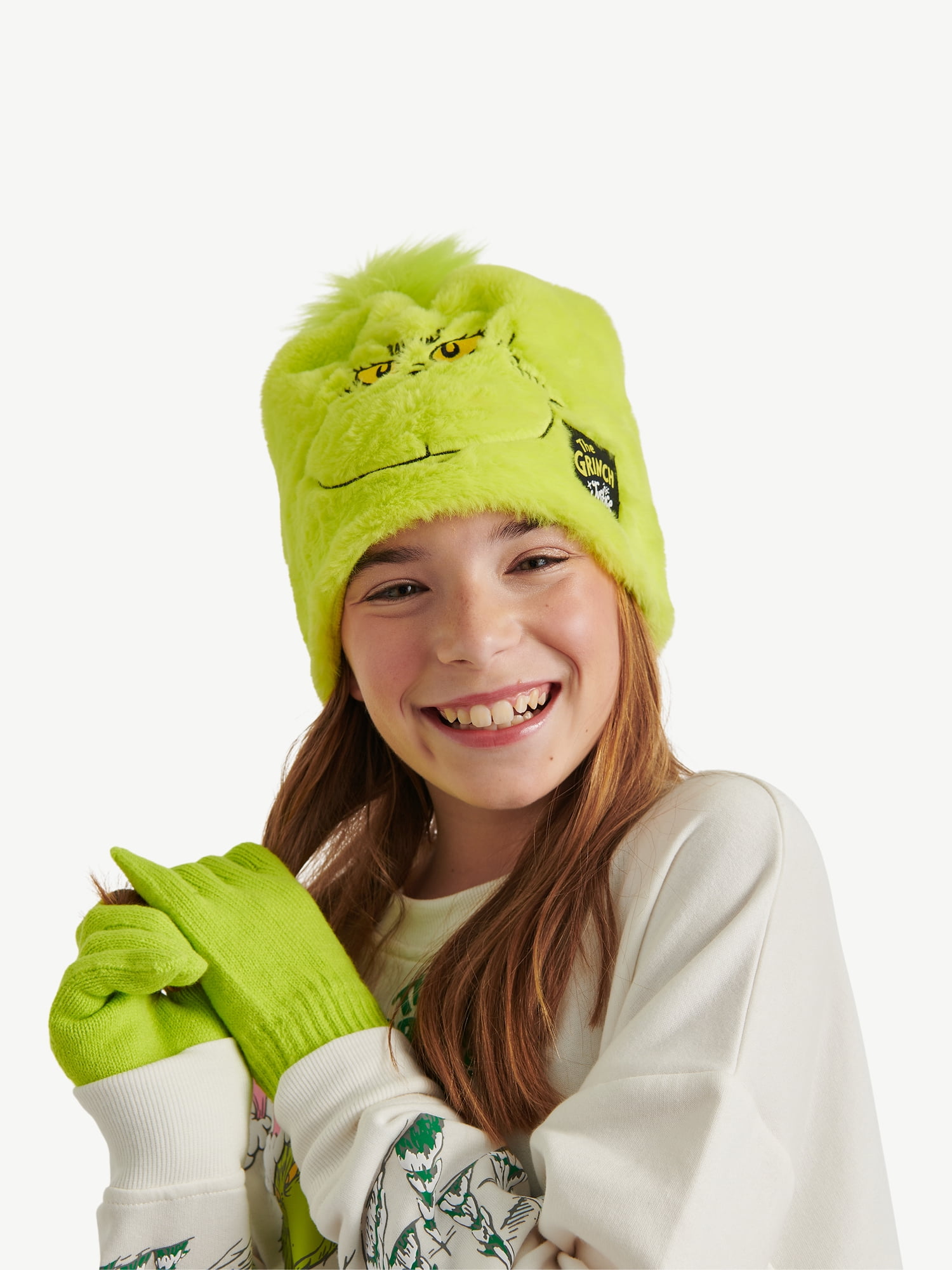 Justice Girls x Dr. Seuss' The Grinch Faux Fur Hat and Glove Set, Green