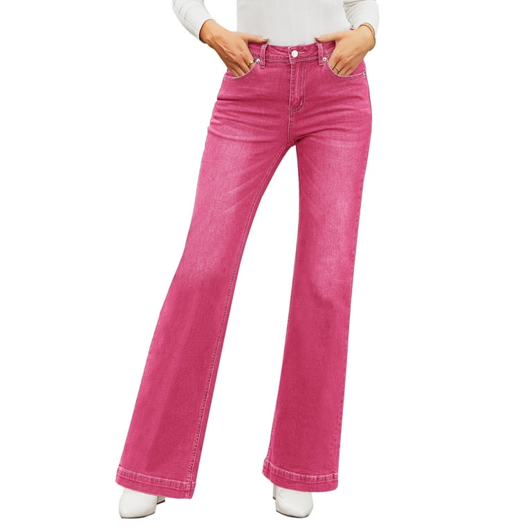 Vetinee Women's Chic Hot Pink Flare Jeans Classic High Waisted Wide Leg  Stretch Denim Jeans Size L Fit Size 12 Size 14
