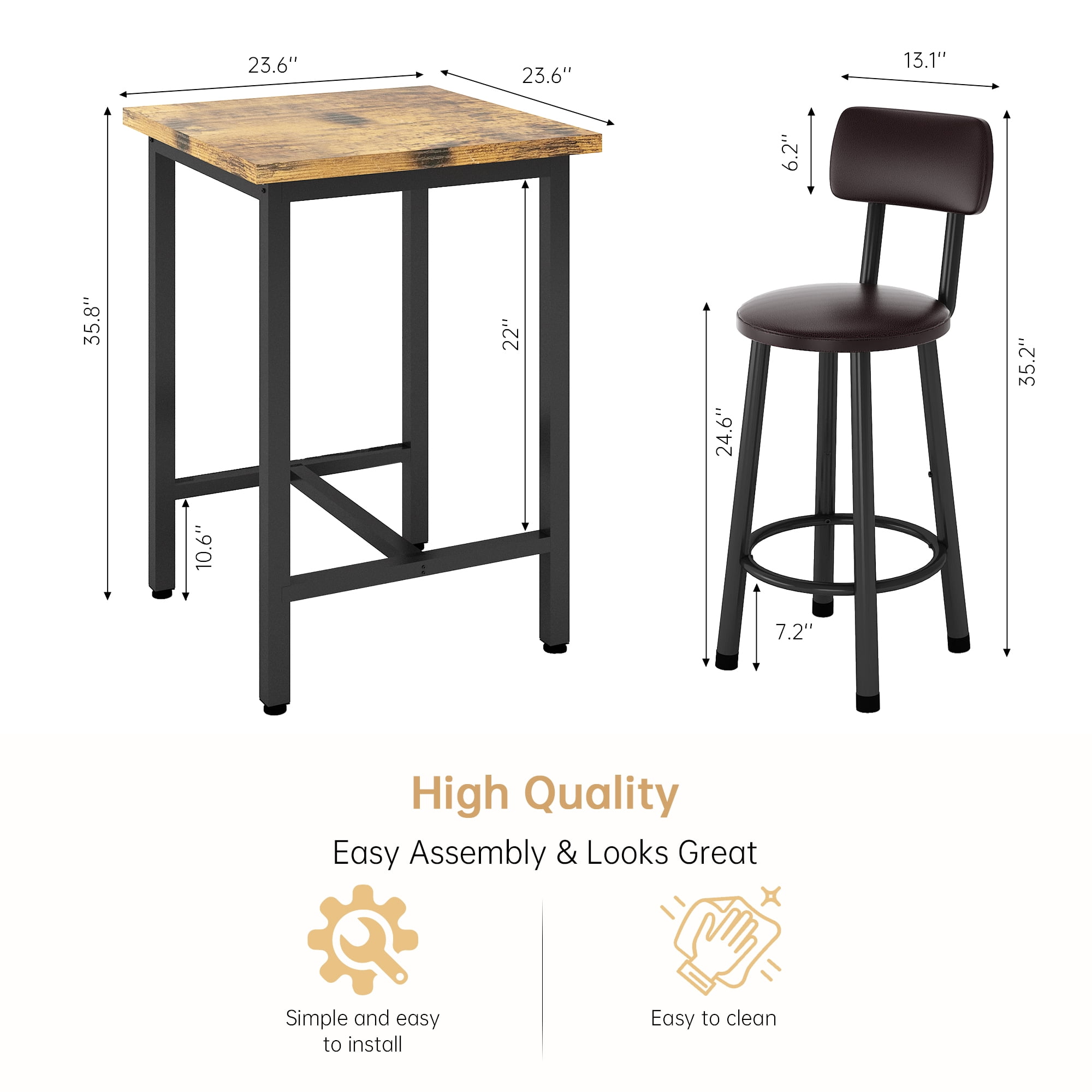 MIERES Dining Set, 2-Person Kitchen Dining Set, Solid Wood Dining Table with Two Chairs, Square Kitchen Dining Set (3-Piece), Brown