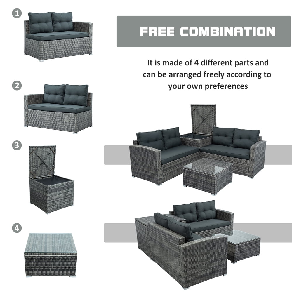 Patio Sofa Furniture Set, 4 Piece Wicker Outdoor Conversation Sets, Sectional Sofa Furniture Sets with Storage Box and Table, Patio Backyard Porch Balcony Deck Furniture Sets, JA2630