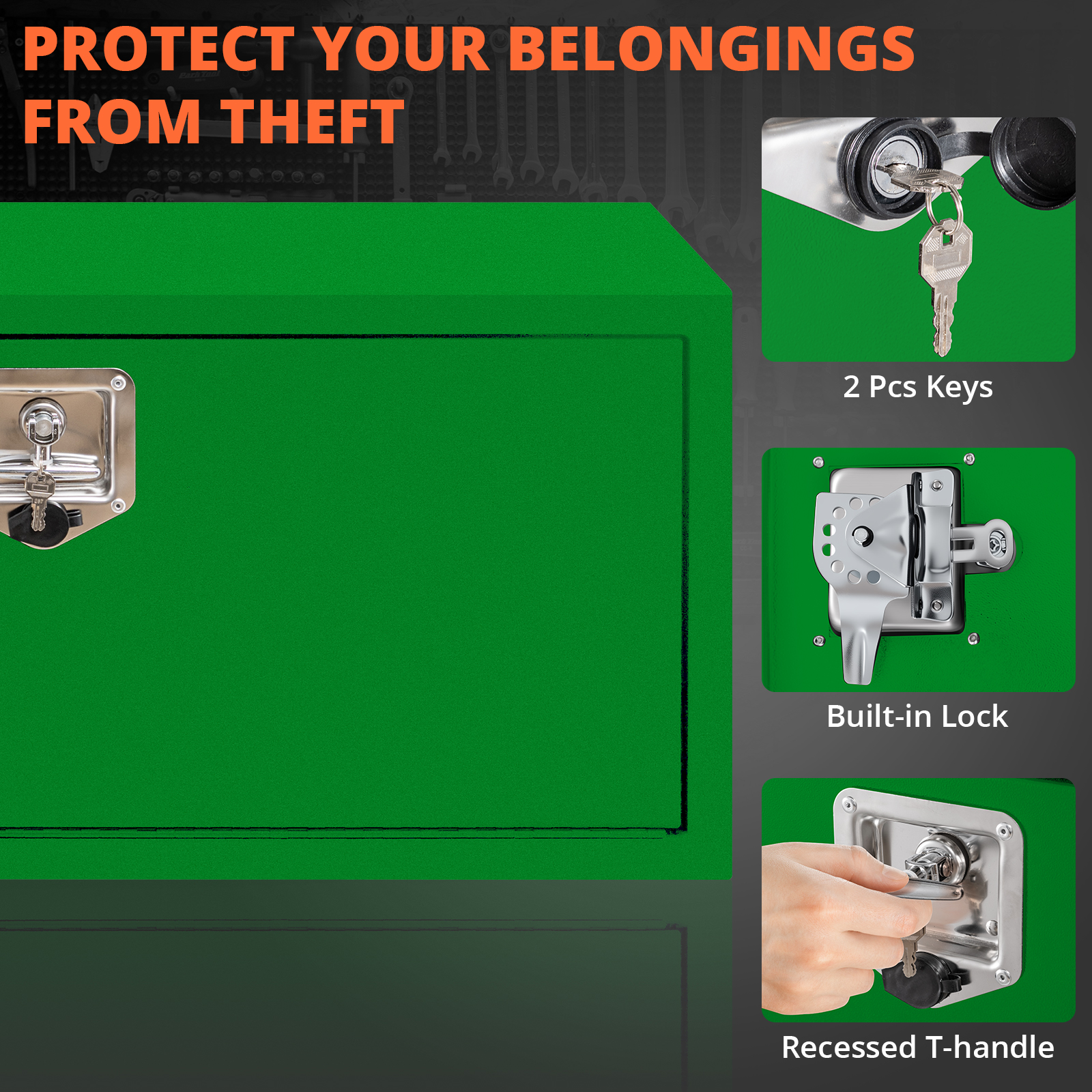 24x14x16 Inch Steel Lockable Waterproof Heavy-Duty Underbody Truck Tool Box for Tools, Under Truck Mounted Space-Saving Design, Green
