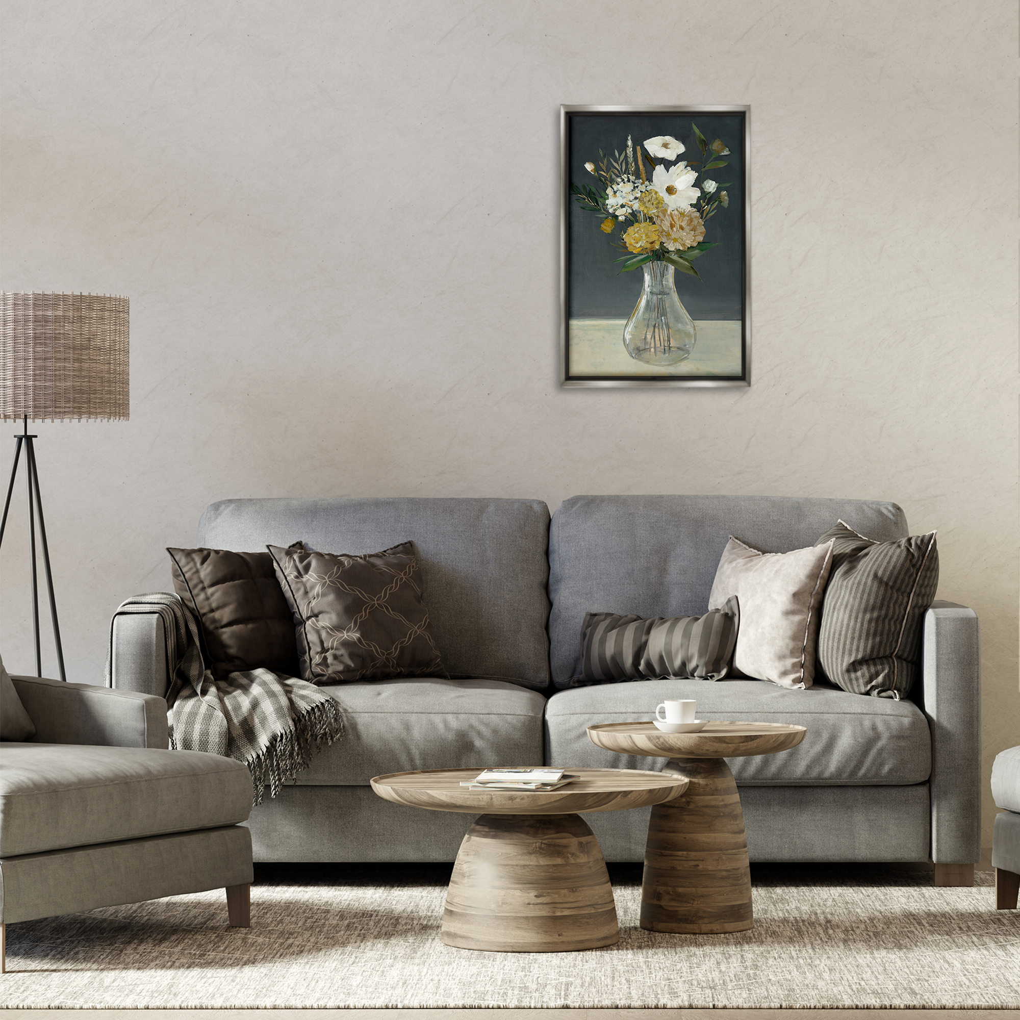 Stupell Industries Earthy Floral Vase Plants & Flowers Painting Gray Floater Framed Canvas Art Print Wall Art, 17 x 25