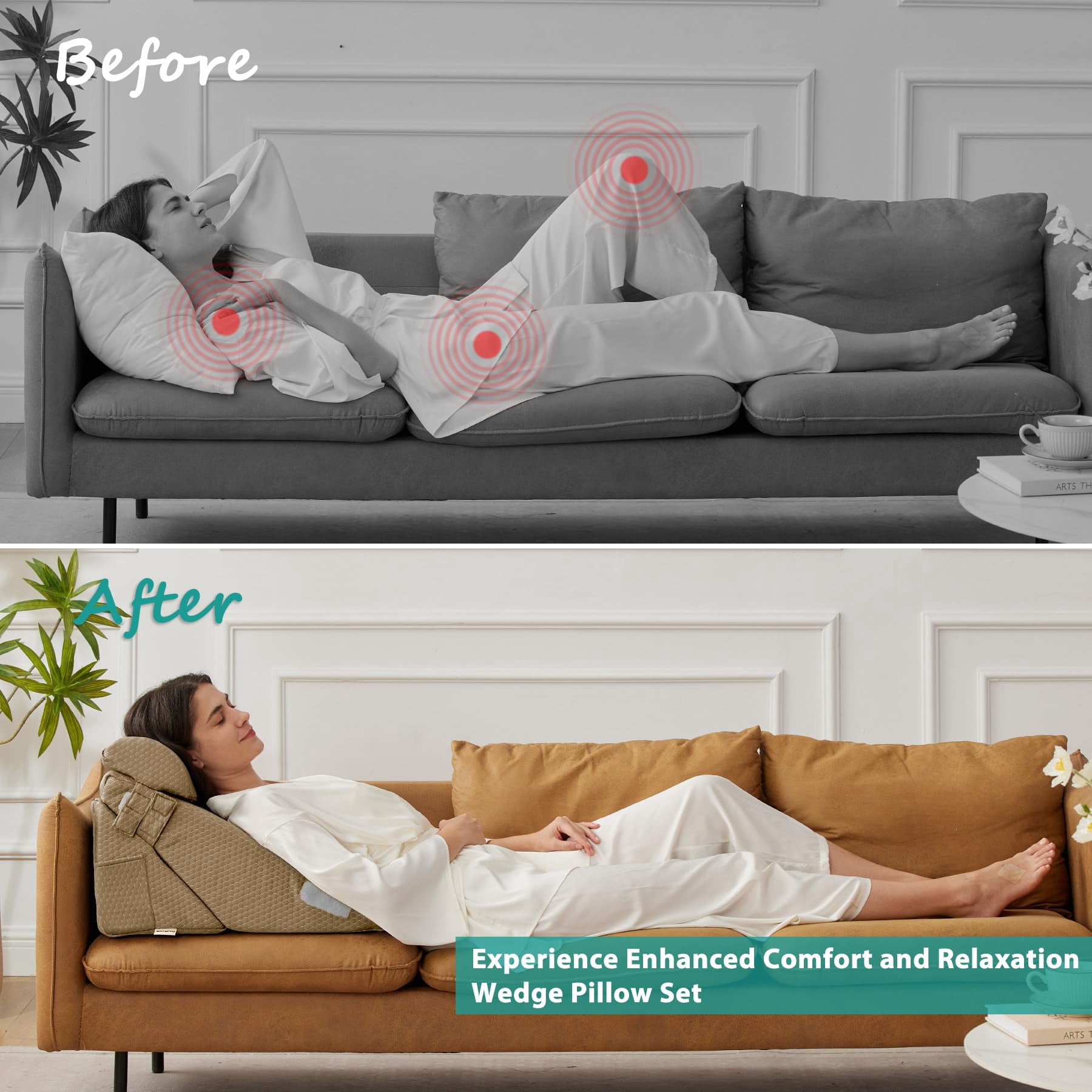 3pcs Bed Wedge Pillow Set  Foam For Leg And Support Adjustable 9&12 Inch Folding Triangle Sleeping Acid Reflux Brown