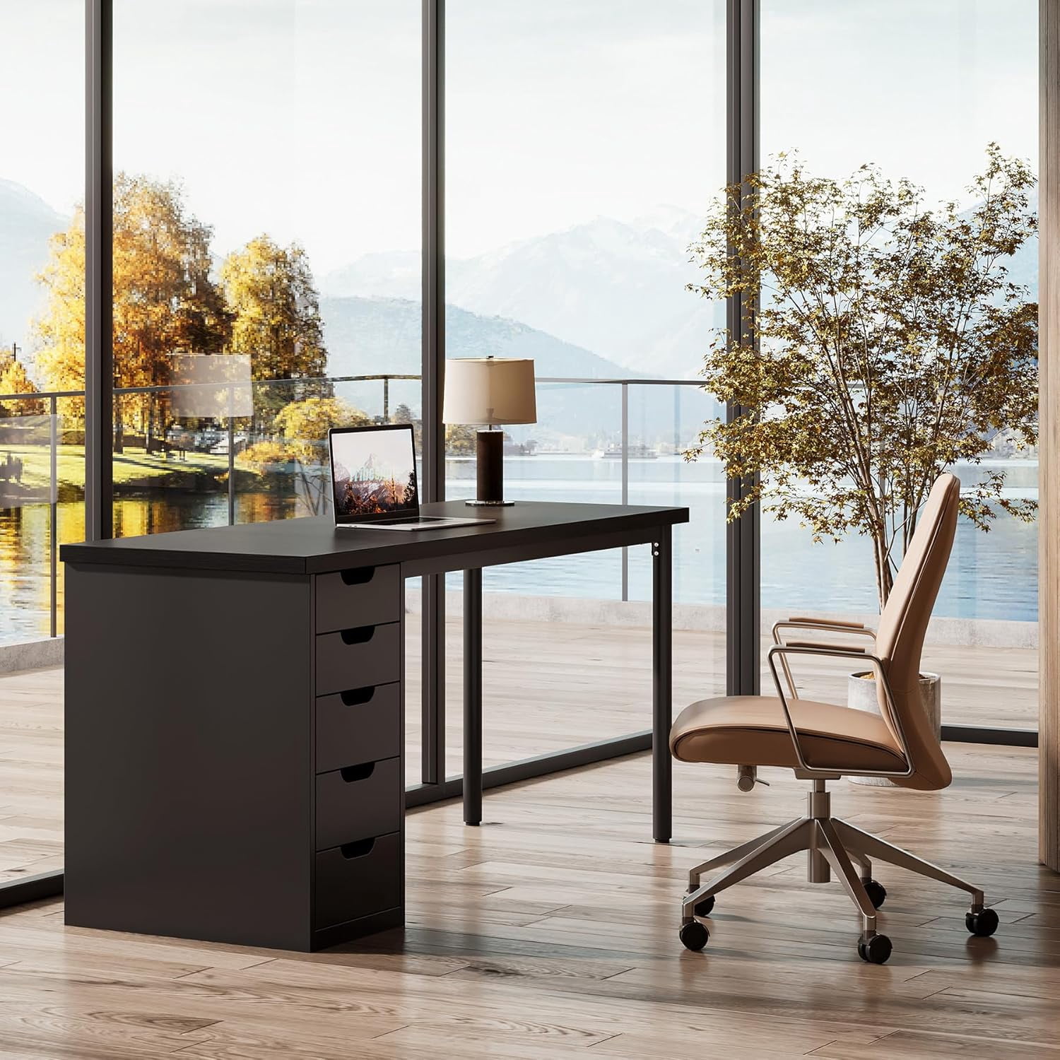 Modern Simple Computer Desk, 47 Inches PC Desk with 5 Reversible Drawers