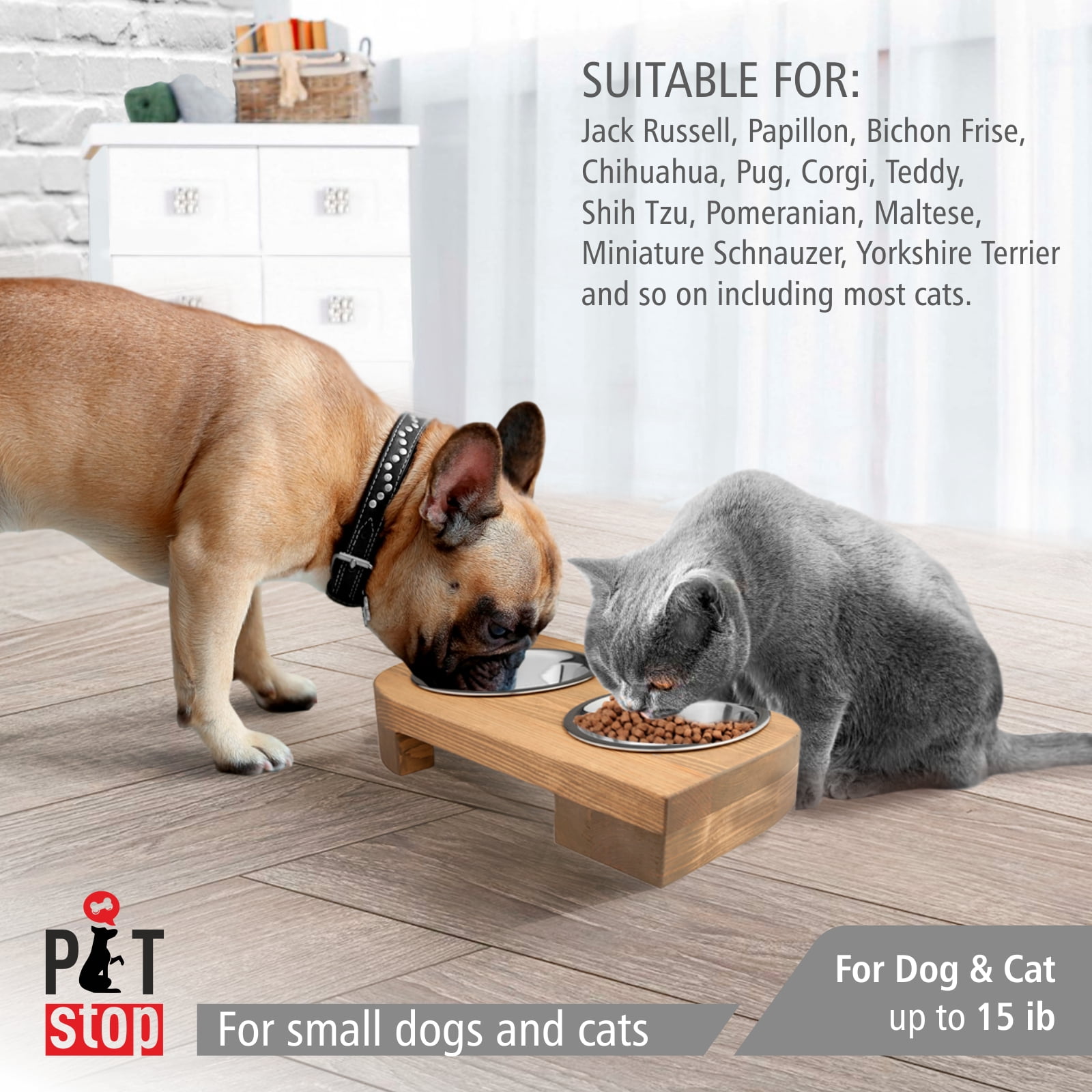 Pit stop Pet Food Bowls with Stand, Puppy Dog Feeding Bowls With Non-Skid Wooden Stand, Set of 2 Stainless Steel Food and Water Bowls for Dogs and Cats With Pine Wood Holder-Natural Wood Color-PET0004
