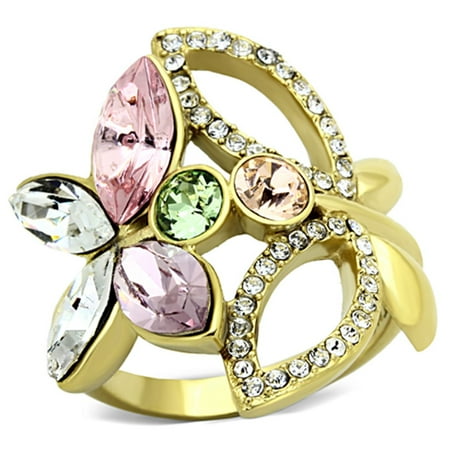 Luxe Jewelry Designs Gold Ion Plated Women s Ring with Multi Color Top Grade Crystals – Size 5