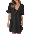 thumbnail image 2 of Birdeem Robe Décontractée pour Femmes, Mode, Couleur Unie, Manches Bouffantes, Manches Courtes, Col en V, 2 of 9