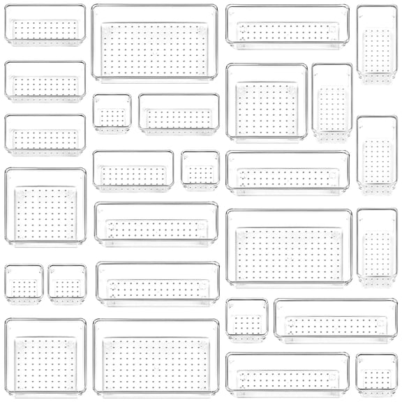 LeaderPro 27 Pcs Desk Drawer Organizer Trays with 5 Different Sizes Versatile Clear Drawer Organizers Storage