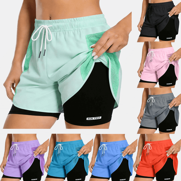 hoksml Women's 2-in-1 Running Shorts with Liner, Athletic Workout Shorts with Pockets for Gym