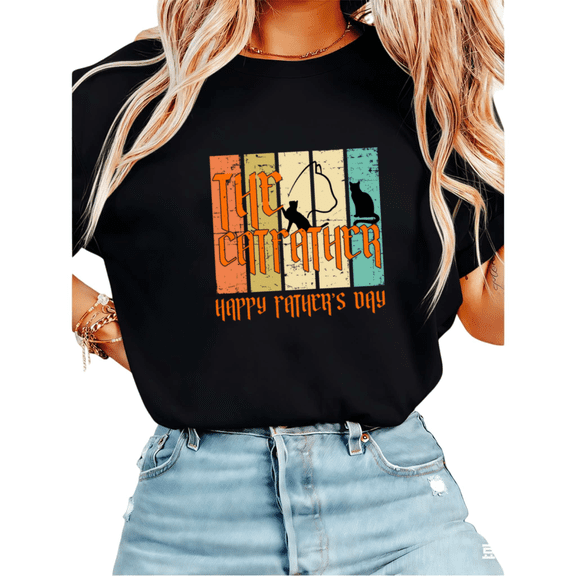 Women The Catfather Happy Father's Day Retro Stripe Graphic Tees T Shirt Tops Round Neck Printed Cotton T Shirt Black S-5XL