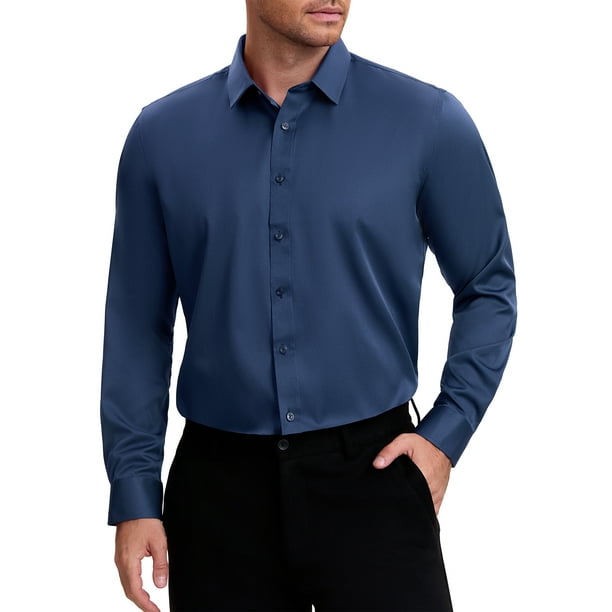 Camisas de vestir formales de color sólido de manga larga con cuello de punta para hombres INSPIRE CHIC, azul oscuro, 3XL