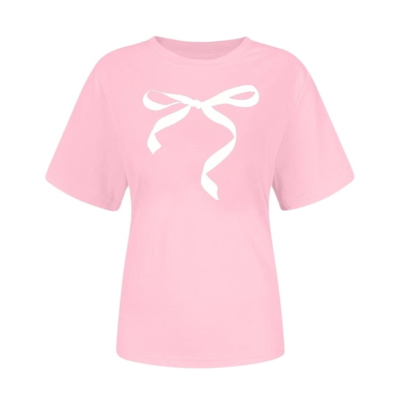 Valentines Day Tops for Women Pink Cute Bow Print T-Shirt - Soft Casual Short Sleeve Tee for Date Night & Gift,Size 3XL