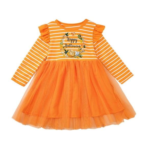 KAUOD Toddler Girls Halloween Pumpkin Dress Mesh Tulle Striped Tutu Dress Baby Long Sleeve Pullover Dresses Clothes