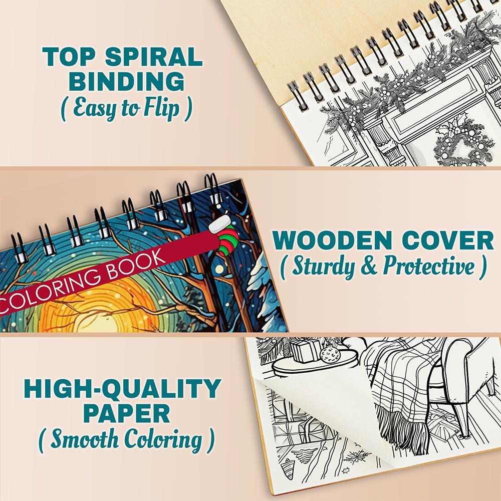 Netecom Cozy Christmas Coloring Book Spiral Bound for Adults, A5 Wooden Cover, 30 Serene Coloring Pages of Snowy Village Scenes in Xmas Day for Stress Relief and Relaxation