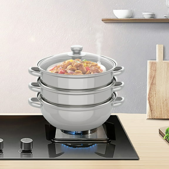 3-Tier Stainless Steel Steamer with Glass Lid, Multi-Function, Fast Heating, Dishwasher Safe, Compatible with Induction & Gas Stoves