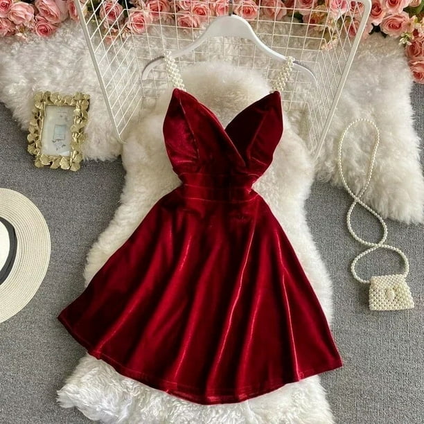 Mini vestido de fiesta para mujer, vestido francés Retro, Negro, Rojo, terciopelo con tirantes, cintura Sexy, vestidos cortos para mujer, HH193