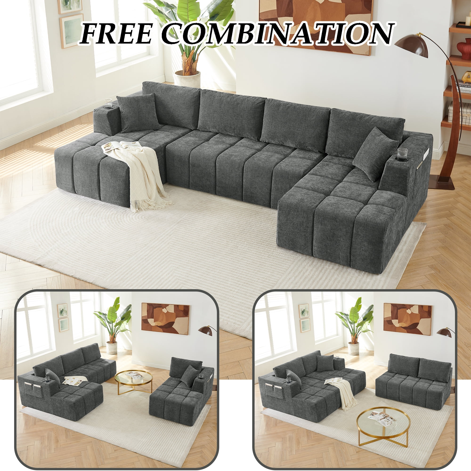 132"W U-Shaped Sectional Sofa with Dual Chaises,Modular Chenille Upholstered Couch with Cup Holders & Side Pockets,No Assembly Boneless Sofa,Dark Grey