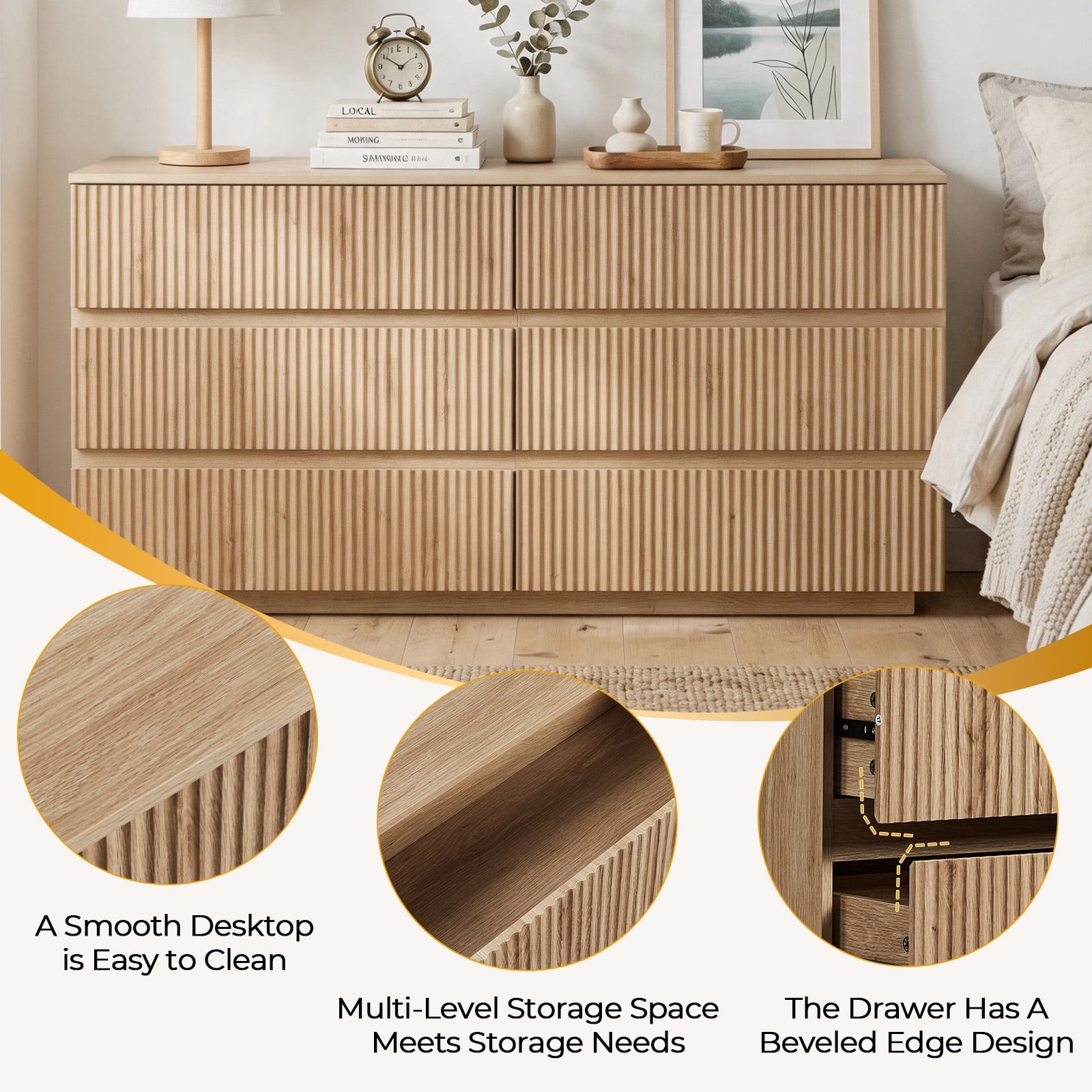 Handleless 6-Drawer Dresser with Grille Finish P2 Particleboard + MDF & Melamine Veneer + Vacuum-Formed Storage Cabinet 55.12*15.75*27.95in Oak