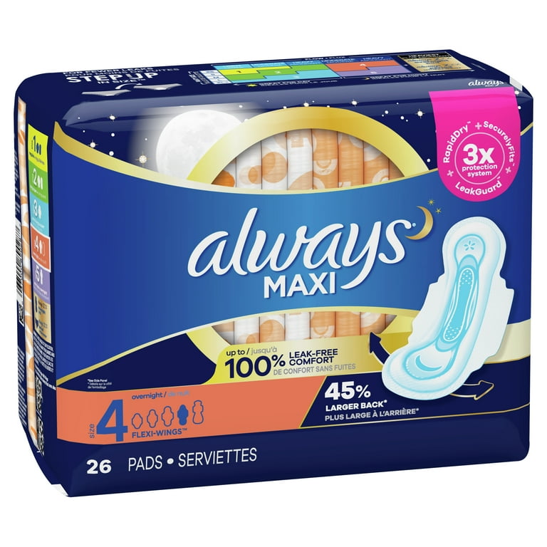 Always Maxi Overnight Pads Size 4 with Flexi-Wings 26ct New 10 Hr Protection