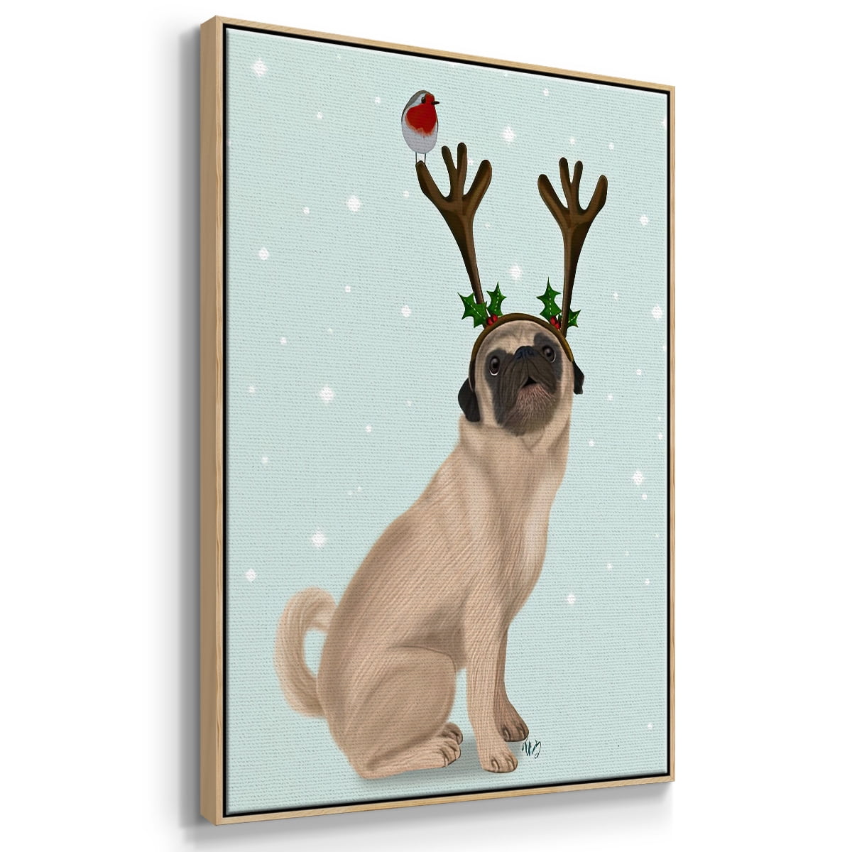 Christmas Pug with Antlers and Robin - Framed Gallery Wrapped Holiday Canvas - 27 x 41 - Natural Wood Frame
