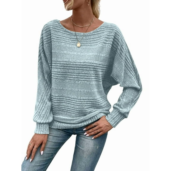 Women'S Soft Long Sleeve Blouses Crewneck Pullover Tops Casual Batwing Knitted Oversized Outfits 2025 Light Blue XL
