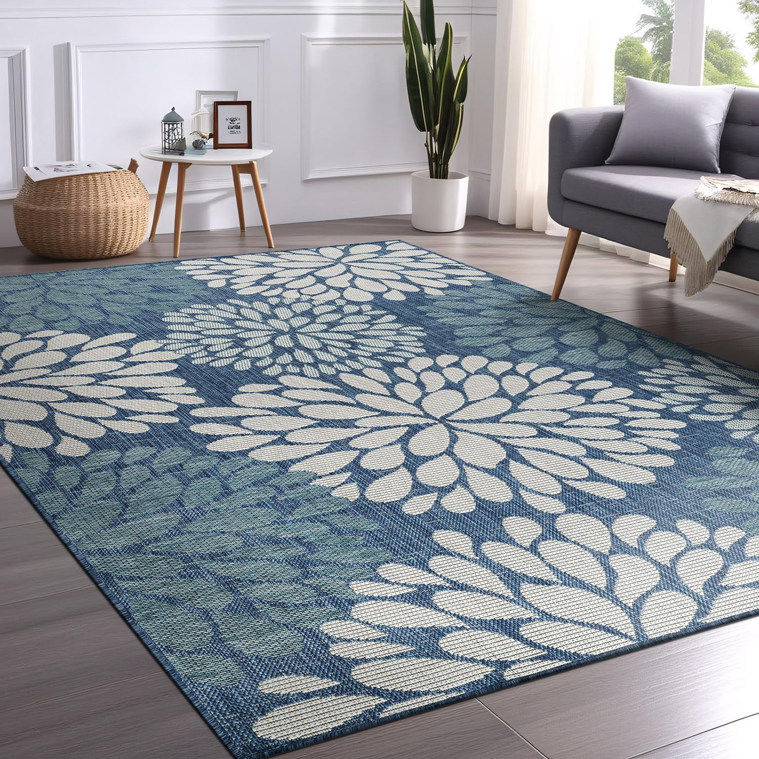 Beverly Rug Indoor/Outdoor Area Rugs,Modern Floral Patio Porch Garden Carpet, Blue/Turquoise, 5'x7'