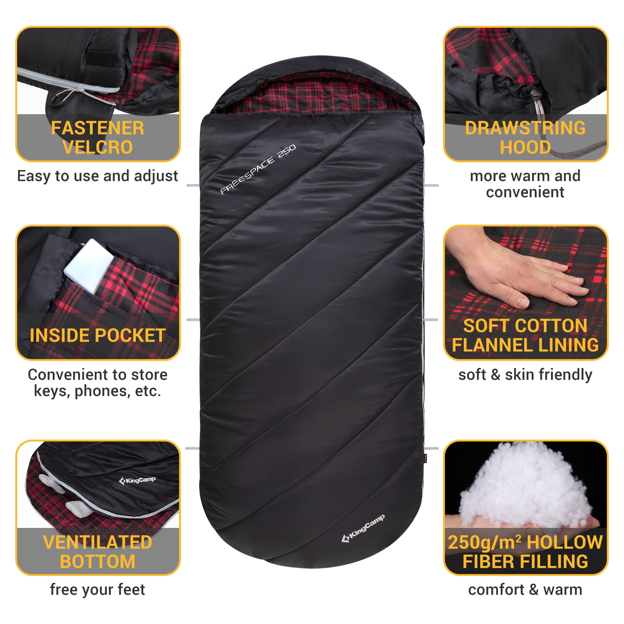 KingCamp XL Cotton Flannel Sleeping Bags, Oversized Weatherproof 3-Season Sleep bag with hood for Camping & Hiking & Backpacking, 17.6℉-54℉ (Black)