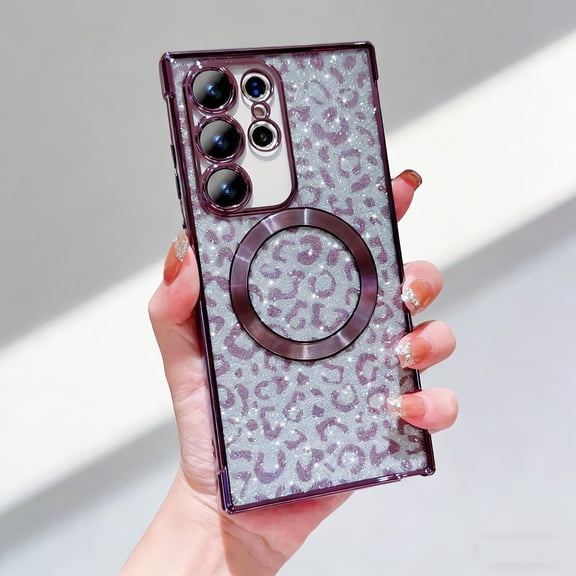 for Samsung Galaxy S23 FE Magnetic Case, Leopard Pattern Plating Phone Case, Compatible with Mag-Safe, Bling Sparkly Military Grade Drop Protection Cover for Samsung Galaxy S23 FE, Darkpurple