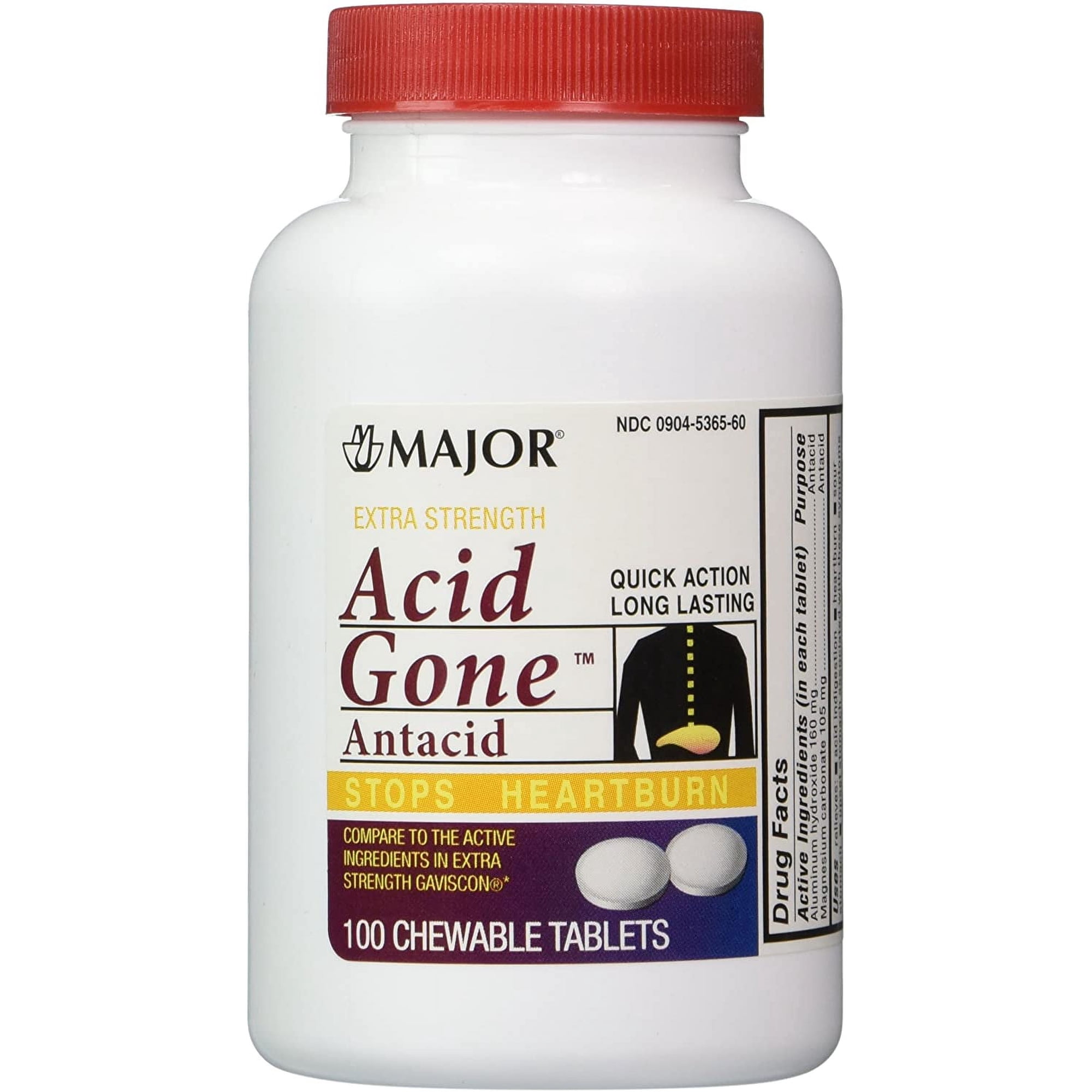 Major Extra Strength Acid Gone Quick Action Long Lasting Antacid Stops Heartburn Aluminum Hydroxide 160 mg / Magnesium Carbonate 105 mg - 100 Chewable Tablets
