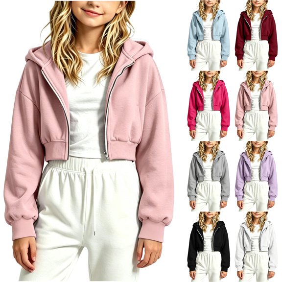 Shadoumai Girls Cropped Zip Up Hoodie Long Sleeve Sweatshirts For Teen Girls Fashion Fall Fashion Casual Jackets With Pockets