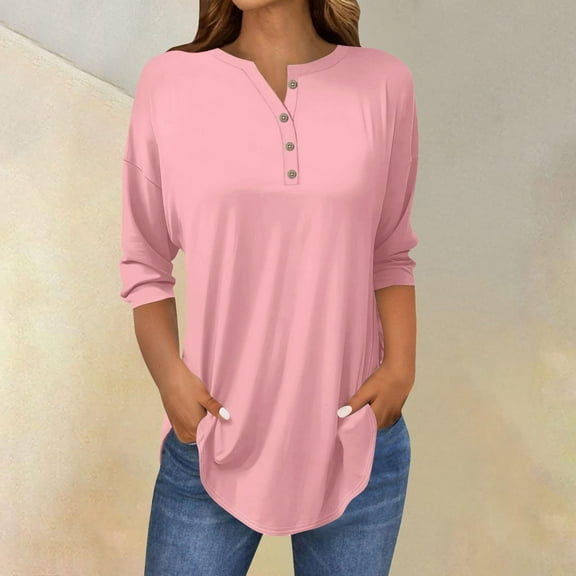 Pink Young Adult Tops 3/4 Length Sleeve Womens Tops 2025 Spring Neck Casual Print Tunic T Shirts Three Quarter Length Womens Tops Plus Size Tops for Women