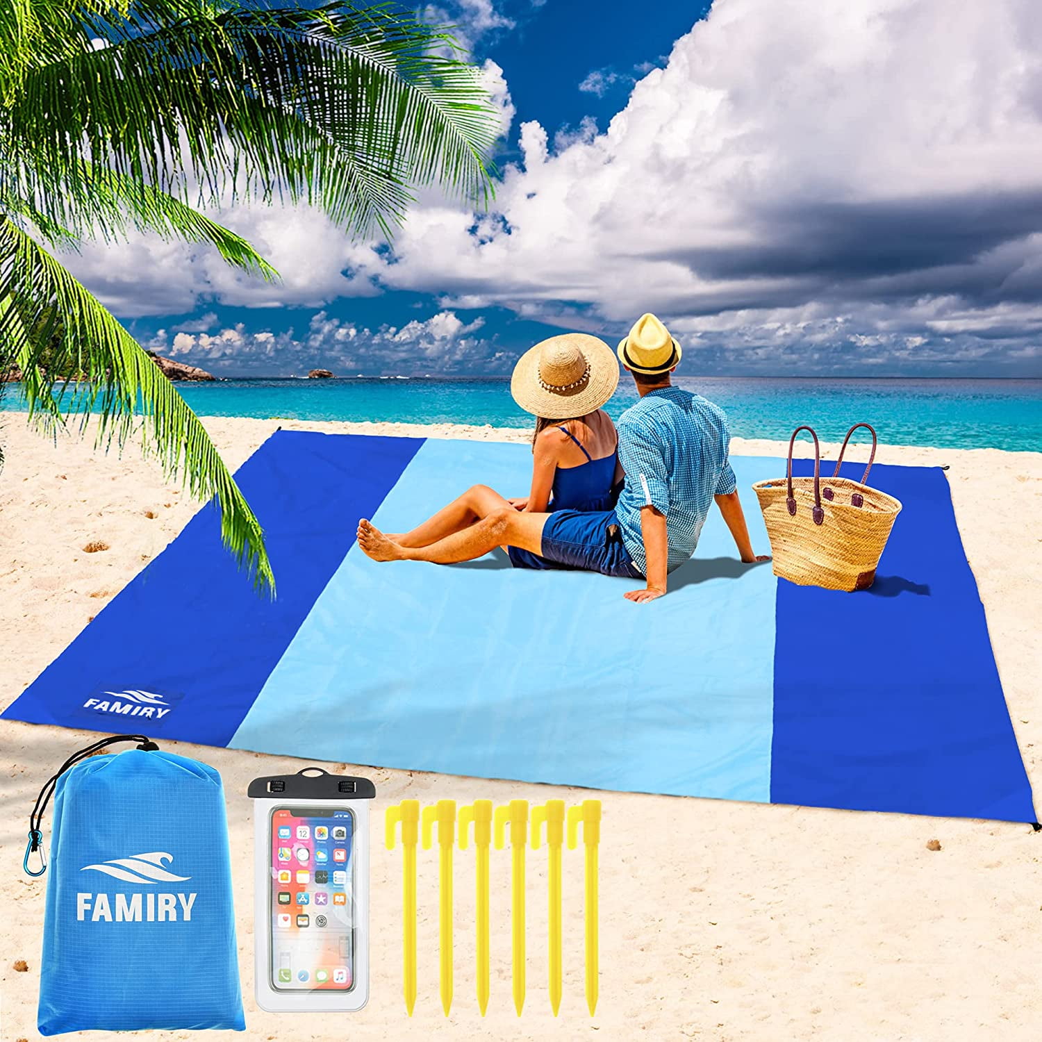 Yiailnter Sand Free Beach Blanket Extra Large 10 X 9 Feet Size Durable Compact Beach Outdoor Mat Includes 6 Stakes 4 Sand Pockets Zippered Poc