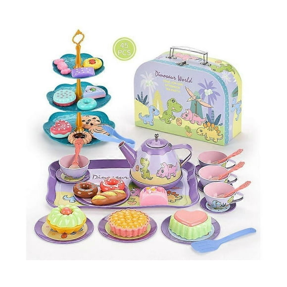 Kids Tea Set Toys Tin Tea Set with Carrying Case Pretend Toy for Little Girls and Boys-dinosaurs