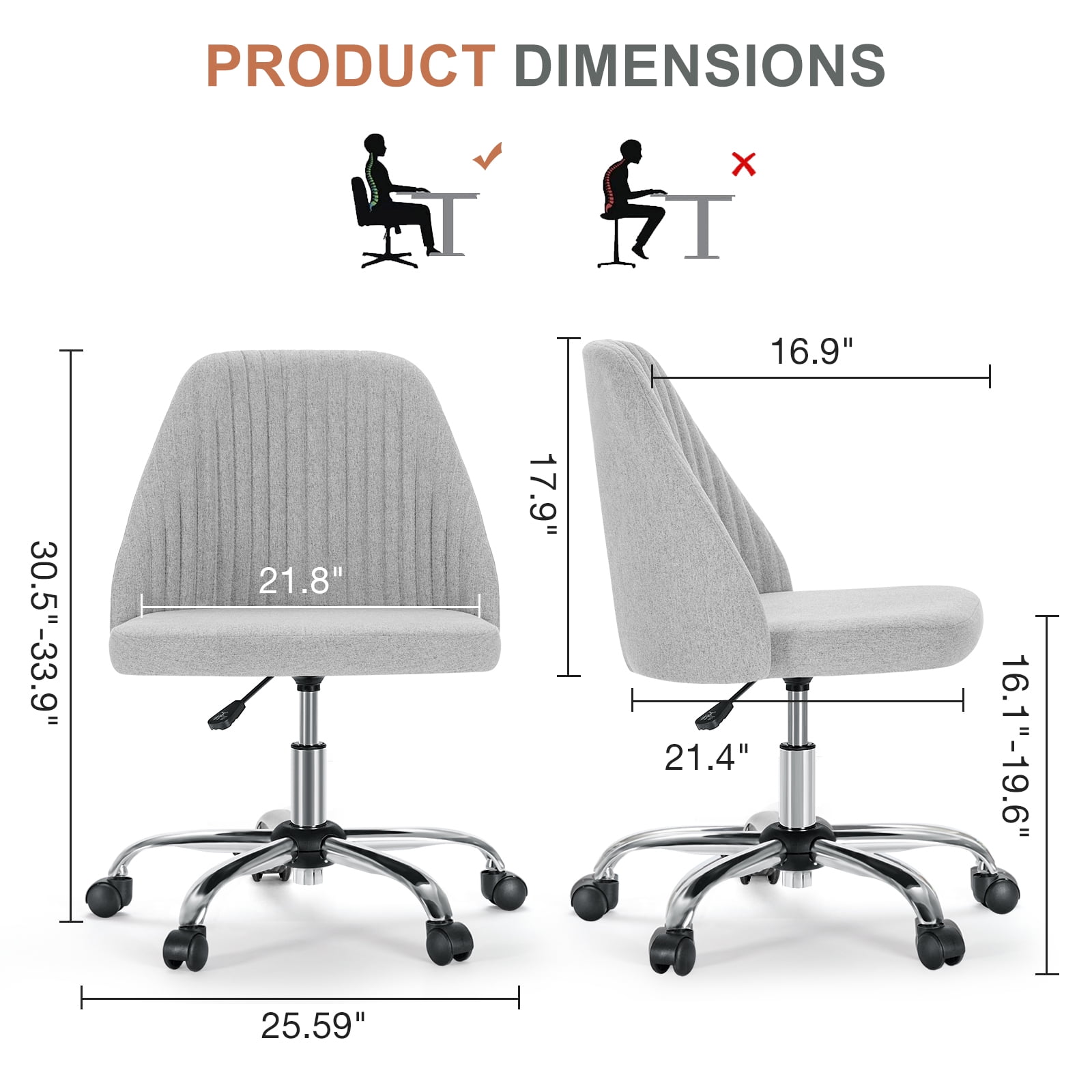 Armless Adjustable Swivel Desk Chair with Wheels