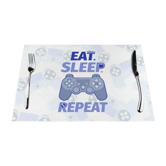 XMXT 6 Pcs Woven Placemats, Cartoon Eat Sleep Game Repeat Stain Resistant Anti-Skid Placemat for Kitchen Table, 12 x 18 inches