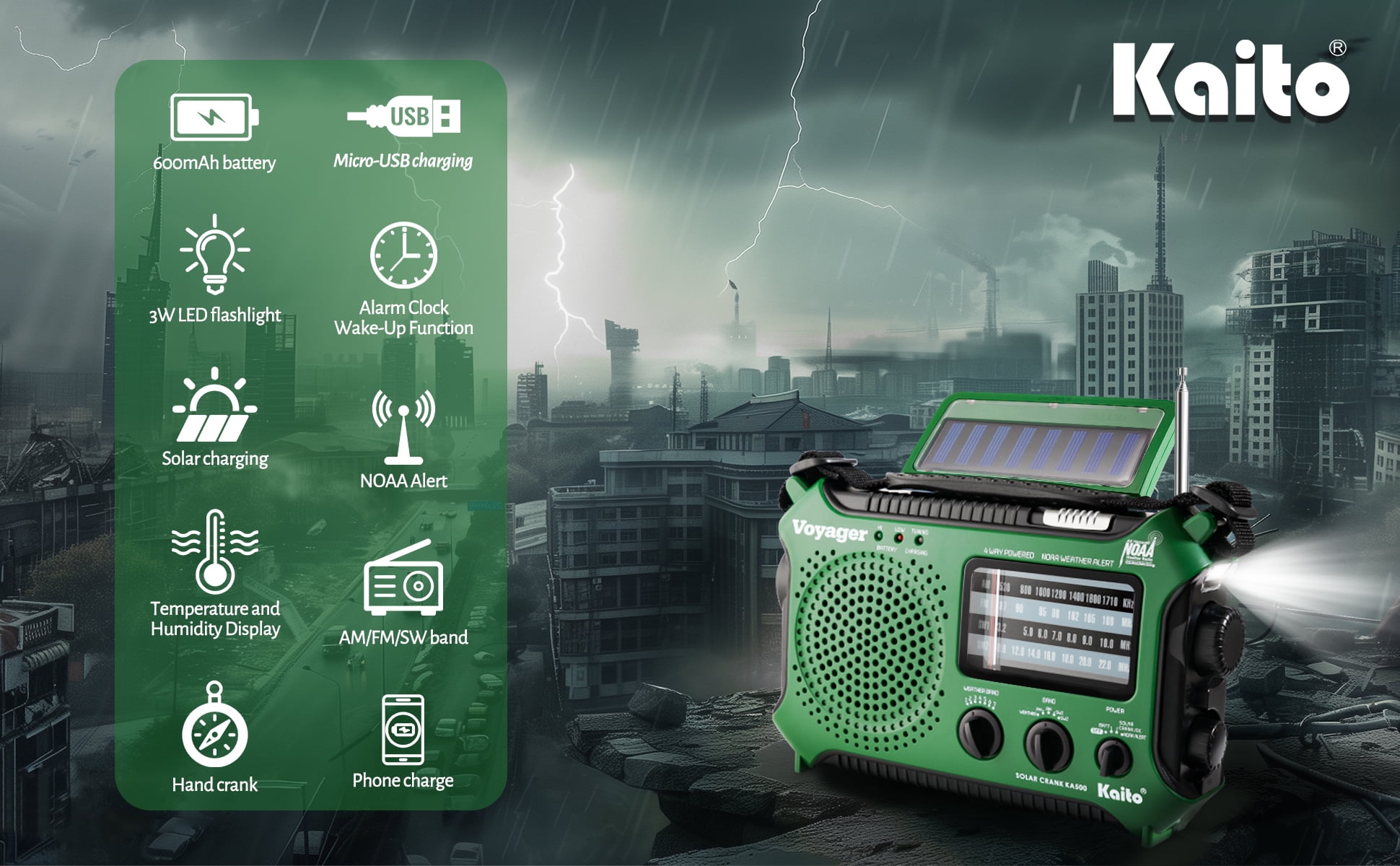 Kaito Emergency Weather Radio AM FM with Solar Crank and Flashlight