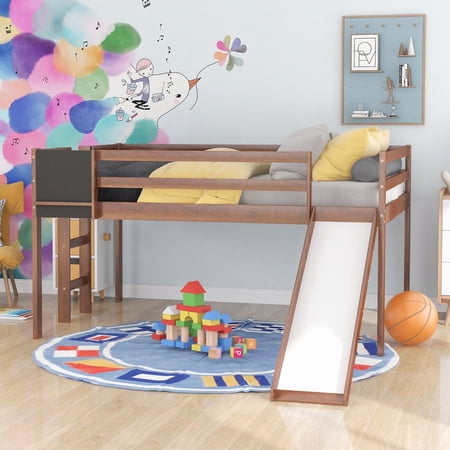 Hombay Full Size Loft Bed with Slide and Stair, Pine Wood Slat Base Bed Frame with Chalkboard for Child Kids