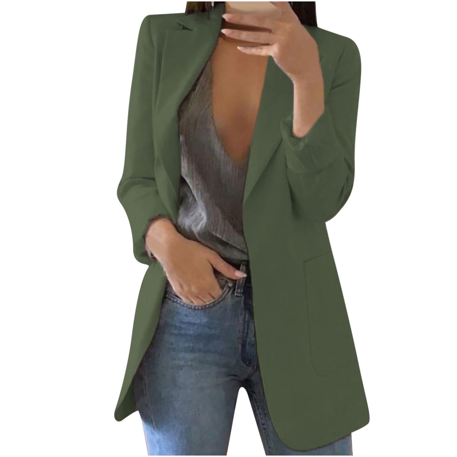Lapel Blazer for Women Office Casual Long Sleeve Tunic Coat Solid Color Elegant Simple Cardigan Tops 