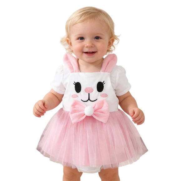 Easter Outfit Baby Girl Short Sleeve 3D Bunny Ears Design Tulle Romper Dress Baby Girl Easter Outfit 6-12 Months