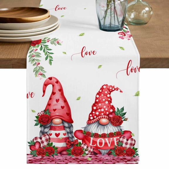 Red Gnomes Table Runner 120 Inches, Valentine's Day Love Roses Leaves White Bed Runner Dresser Scarves Tabletop for Indoor Outdoor Parties/Ceremony/Banquet, 13"x 120"