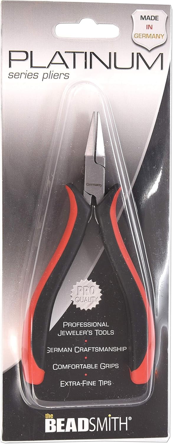 The Beadsmith Platinum Series German Flat Nose Pliers, 4.75 inches (120mm) with Polished Steel Head, red and Black Ergonomic Comfort Grip Handle and Double-Leaf Spring, Tool for Jewelry Making
