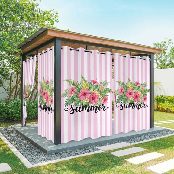 Summer Hibiscus Flower Outdoor Curtains for Patio, Pink Stripes Tropical Plant Sunshade Privacy Drapes Grommet Waterproof Outside Curtains for Porch/Cabana/Balcony 54"x 95", 2 Panel