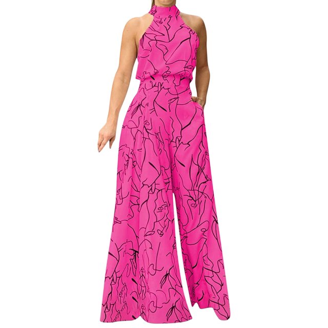 Combinaisons Habillées pour Femmes Soirée Invitée de Mariage Grande Taille Sans Manches Combinaisons Pantalon Grand Long Rose G