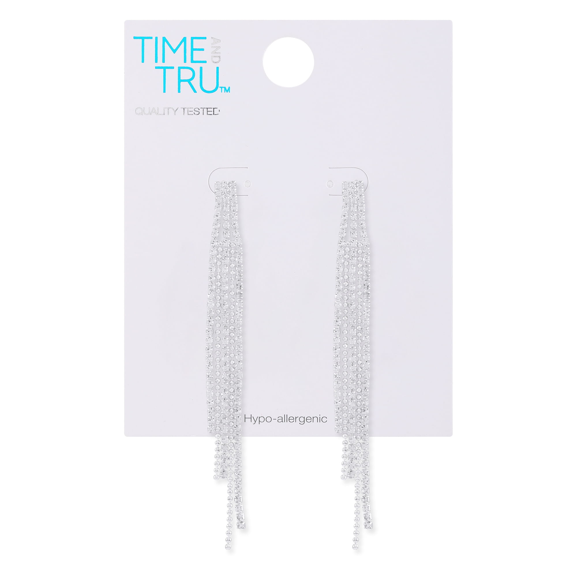 Time and Tru Women's Bold Rhinestone Chain Drop Silver Tone Earrings.