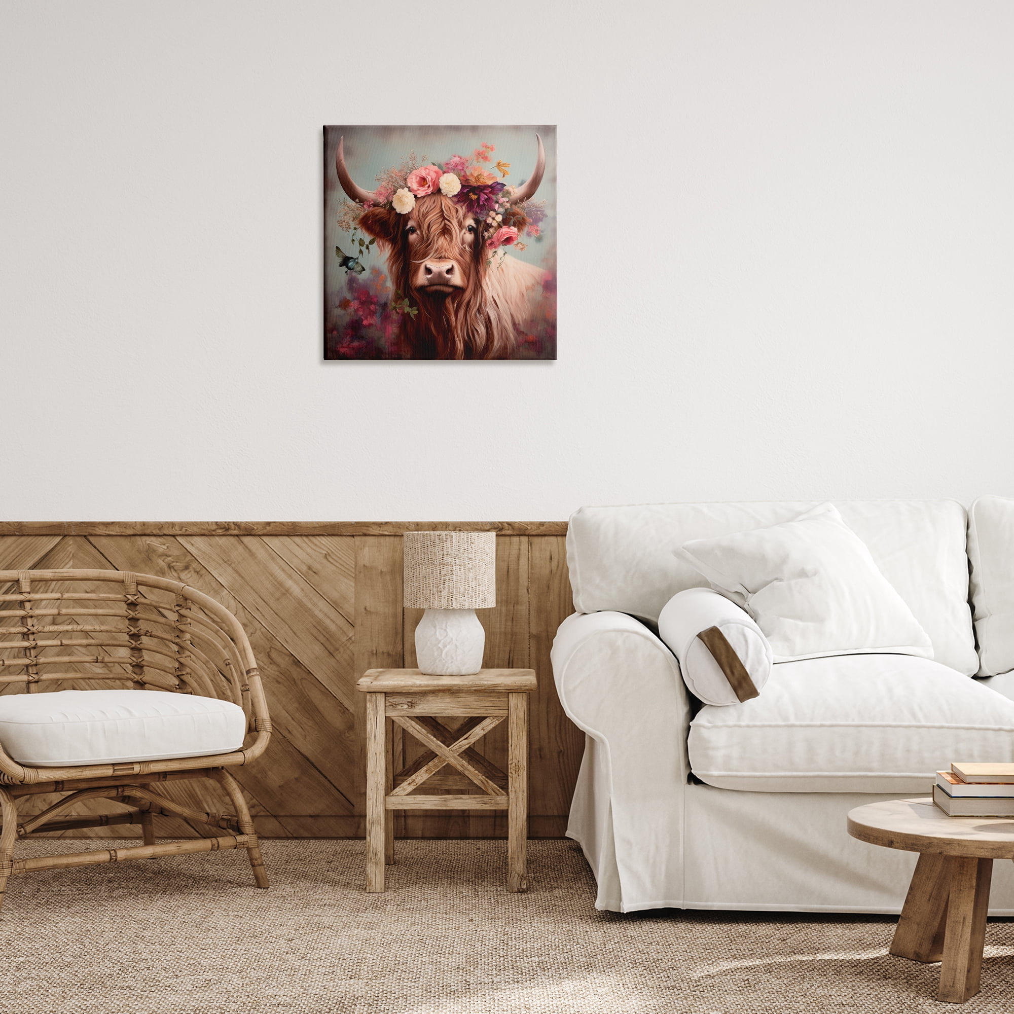 Stupell Industries Longhorn & Flower Garland Animals & Insects Painting Gallery Wrapped Canvas Art Print Wall Art, 24 x 24