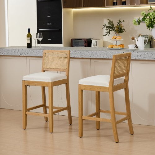 Dtwnek 2 Pcs Rattan Back Bar Stools Bar Chairs with Wood Frame, Linen Upholstered Seat Barstools for Kitchen Island, Dining Room, Bar, Beige