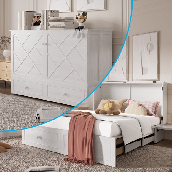 MJKONE Murphy Chest Bed,Queen Size Cabinet Bed with Storage Drawers and USB Charging Station,Folding Chest Bed with Mattress for Living Room/Bedroom,White