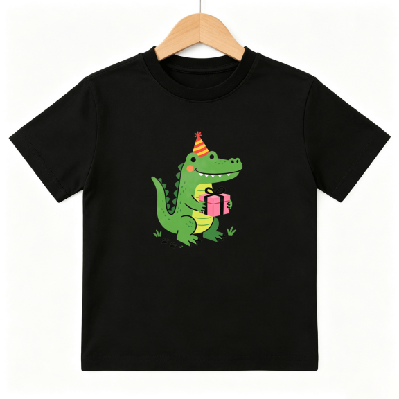 Birthday Alligator Gift Hat Boys Graphic Tee, Cute Party 100% Cotton Kids Short Sleeve T-Shirt 4-13Y