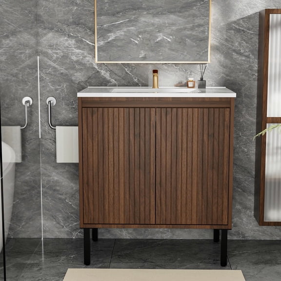 YYAo 30 Inch Bathroom Vanity Freestanding, Soft Closing Drawers, Stable Design, Modern Oak and White Sink, Walnut